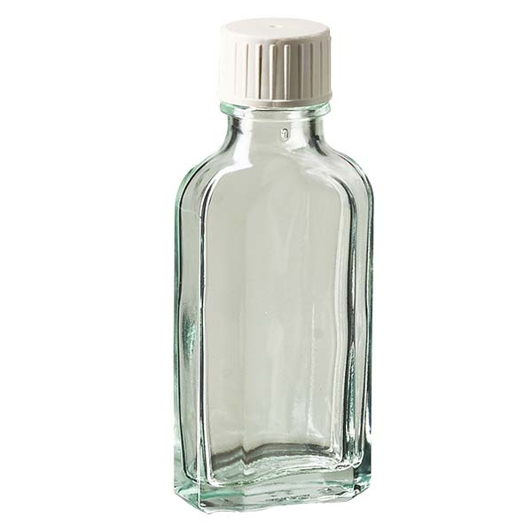 Bottiglia Meplat 50 ml colore bianco con imboccatura DIN 22, tappo a vite DIN 22 colore bianco con anello salvagoccia