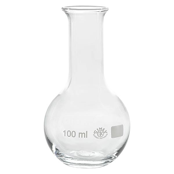 Matraccio a fondo piatto 100 ml in borosilicato, con collo stretto e bordo svasato