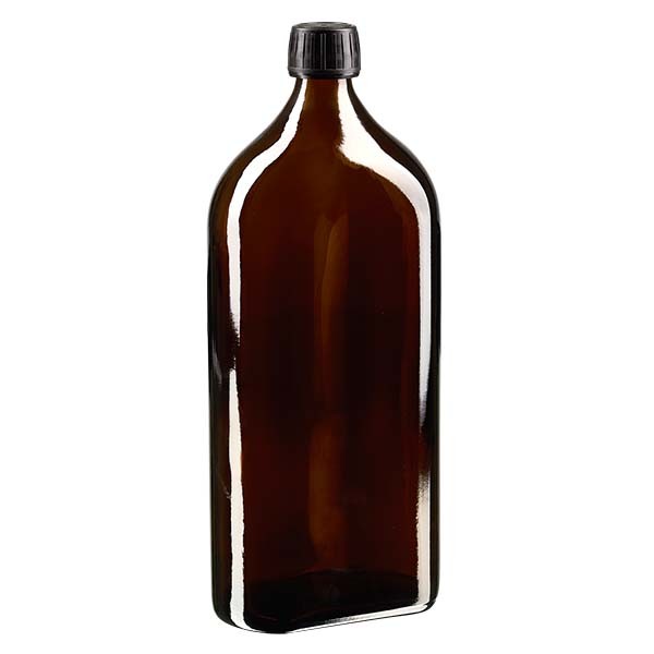Bottiglia Meplat 1000 ml colore marrone con imboccatura DIN 28, tappo a vite colore nero DIN 28 antimanomissione in