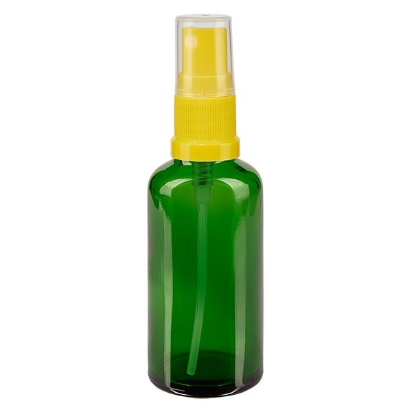 Flacone in vetro verde 50 ml con nebulizzatore a pompa colore giallo