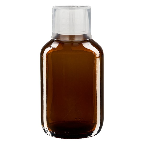 Flacone per farmaci da 150 ml, marrone, con bicchierino dosatore