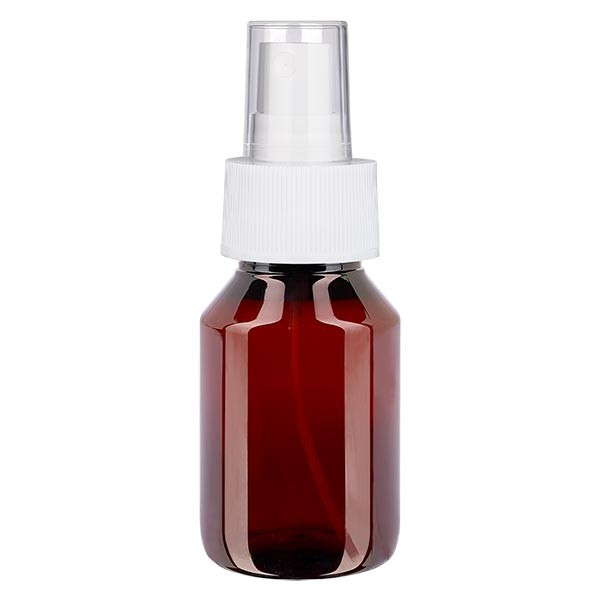 Flacone per medicinali 50 ml in PET con nebulizzatore colore bianco GCMI 28/410 con tappo trasparente, standard