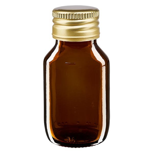 Flacone per medicinali secondo gli standard europei 50 ml colore marrone con tappo in alluminio color oro
