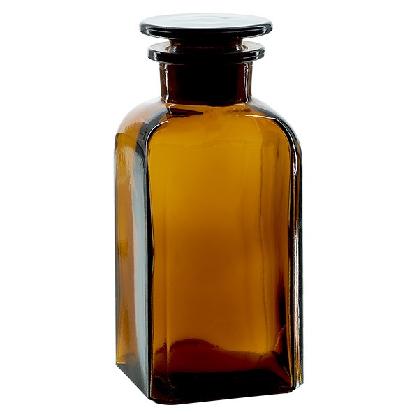 Flacone da farmacia quadrangolare 350 ml a collo largo in vetro marrone incl. tappo in vetro