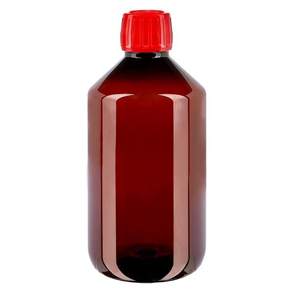 Bottiglia di medicina PET 500ml marrone (bottiglia Veral) PP28, con OV rosso