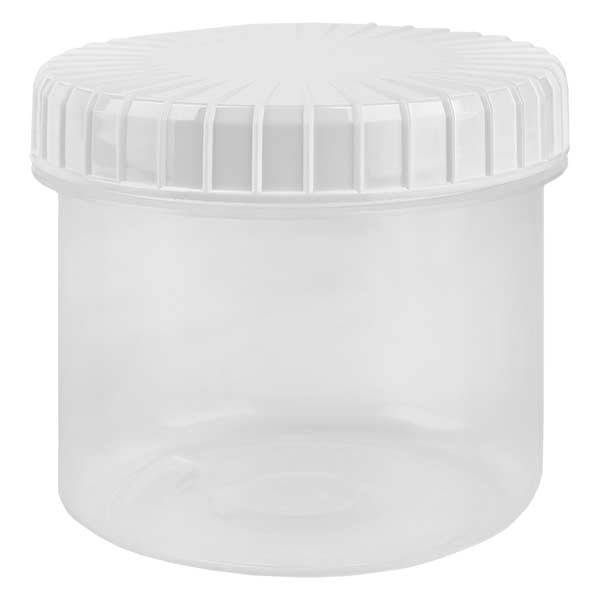 Barattolo in plastica 135 ml trasparente con tappo a vite scanalato di colore bianco in PE, tipo di chiusura standard