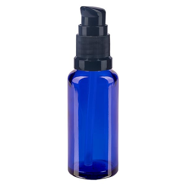 Flacone in vetro blu 30 ml con tappo a pompa colore nero