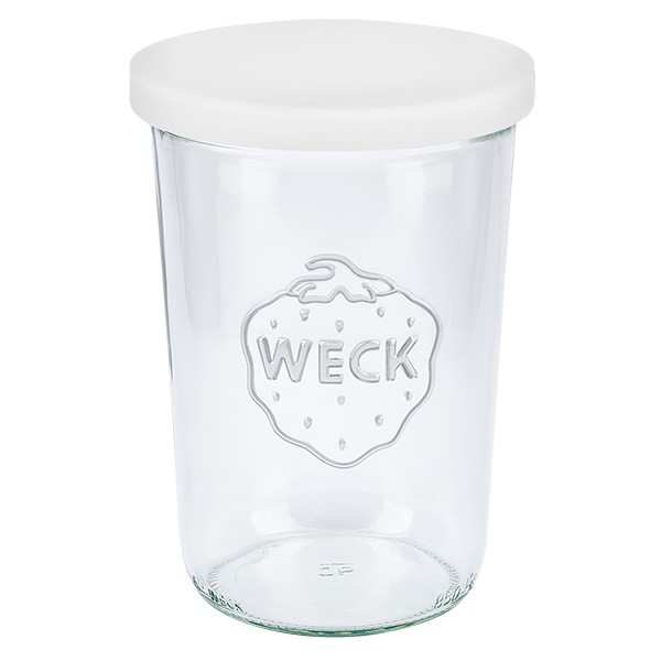 Bicchieri da 850 ml WECK RR100 con coperchio in silicone bianco