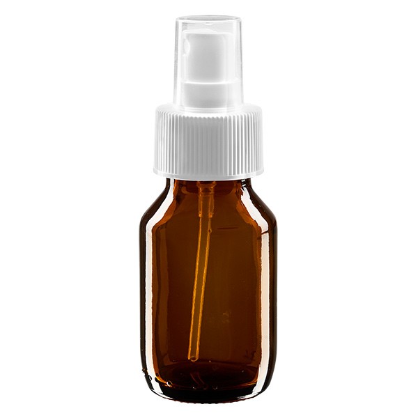 Flacone per medicinali 50 ml colore marrone secondo gli standard europei con nebulizzatore colore bianco e tappo trasparente