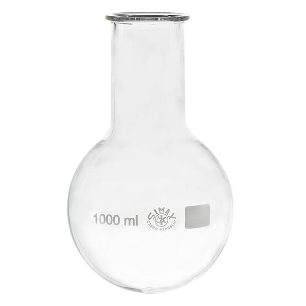 Matracci a fondo tondo 1000 ml in borosilicato, con collo largo e bordo svasato