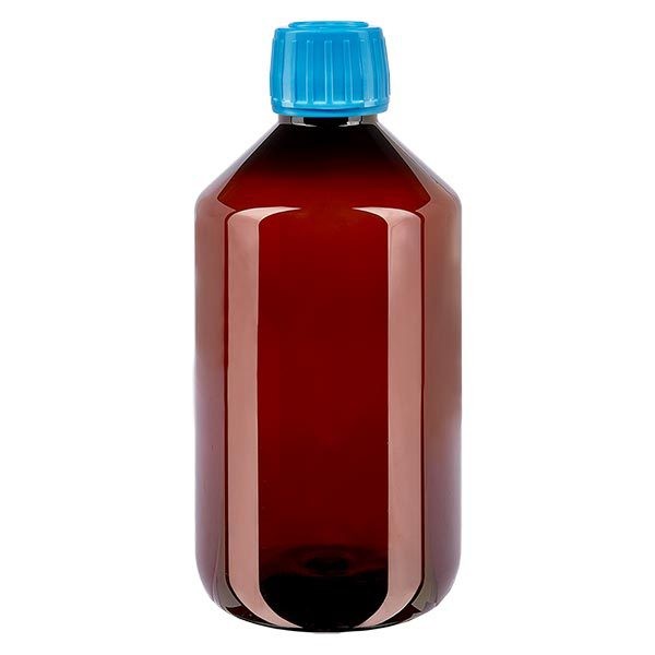 Bottiglia di medicina PET 500ml marrone (bottiglia Veral) PP28, con OV blu
