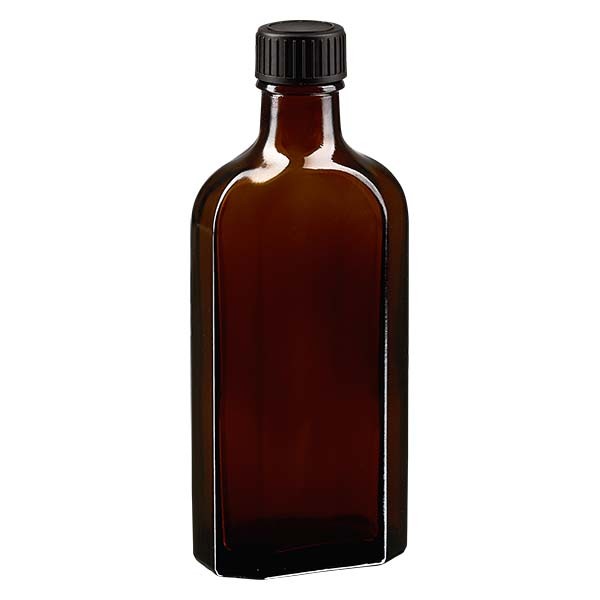 Bottiglia Meplat 150 ml colore marrone con imboccatura DIN 22, tappo a vite DIN 22 colore nero in EPE (
