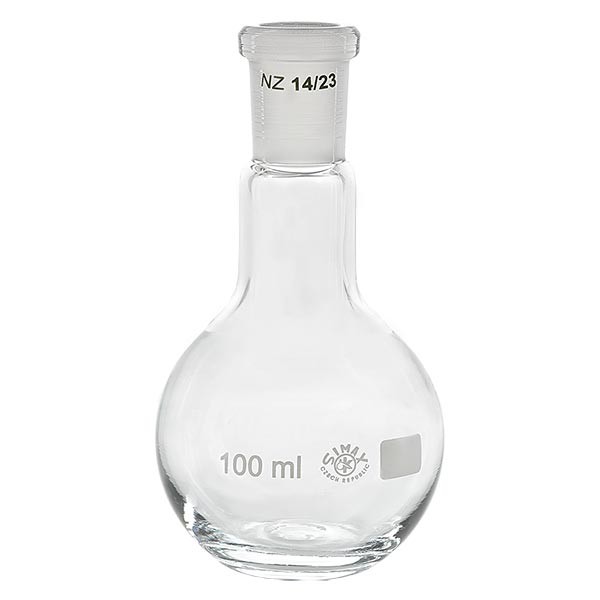 Matracci a fondo piatto 100 ml in borosilicato a collo stretto con smerigliatura normalizzata 14/23