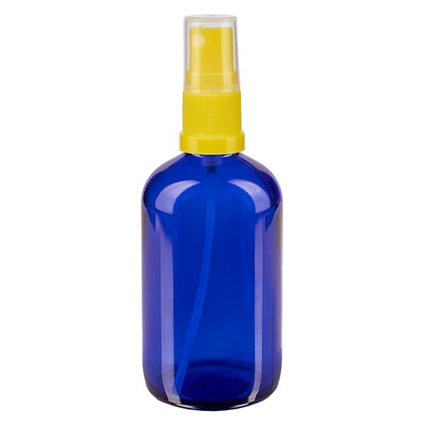 Flacone in vetro blu 100 ml con nebulizzatore a pompa colore giallo