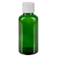 Flacone da farmacia 50 ml colore verde con tappo a vite colore bianco, dispositivo di blocco per i bambini Flacone da farmacia 50 ml colore verde con tappo a vite colore bianco, dispositivo di blocco per i bambini