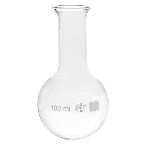 Matraccio a fondo tondo 100 ml in borosilicato, a collo stretto e con bordo svasato