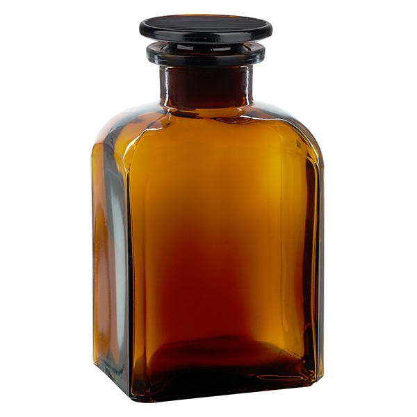Flacone quadrangolare da farmacia 500 ml a collo largo in vetro marrone incl. tappo in vetro